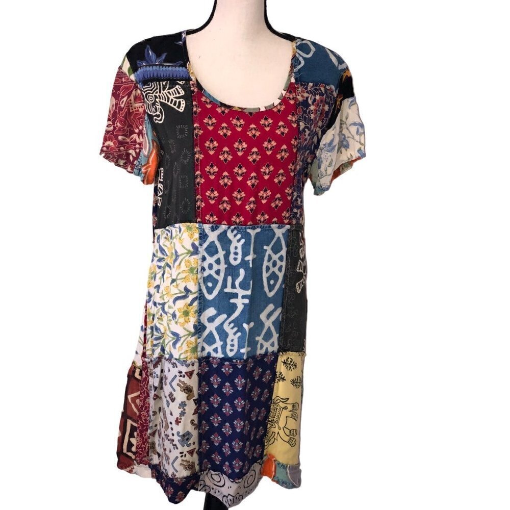 Sacred Threads Size S Dress Patchwork Art to Wear Shift Short Sleeve Mixed Print